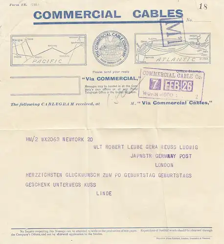 England: 1926: Letter to Germany-Comercial Cable-Wormwood