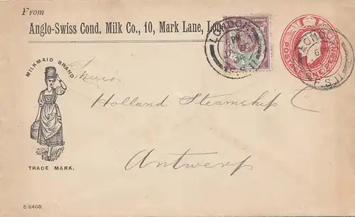 England: 1904: Ganzsache  London nach Antwerpen