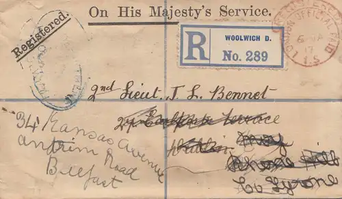England: 1917: Einschreiben Woolwich nach Belfast