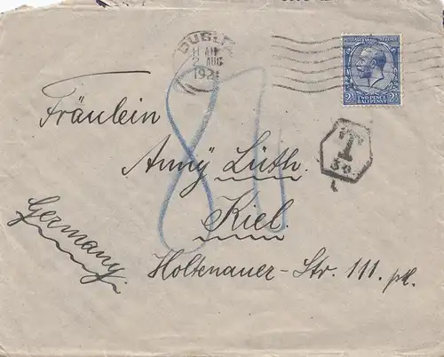Angleterre: 1921: Lettre à Kiel - Taxe