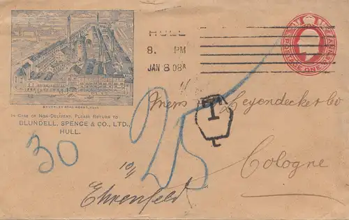 England: 1908: Hull nach Ehrenfeld/Köln - Taxe