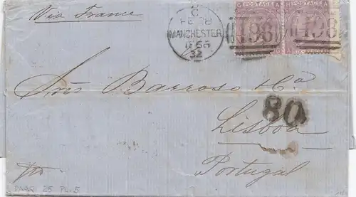 England: 1866 Manchester nach Portugal mit Textinhalt