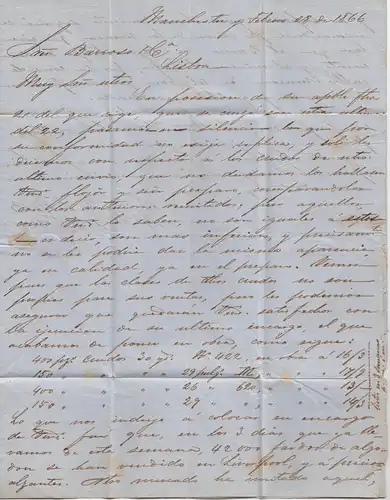 England: 1866 Manchester nach Portugal mit Textinhalt