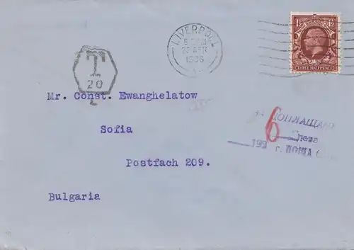 England: 1936: Liverpools nach Bulgaria - Taxe