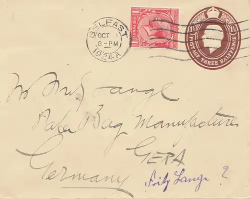 England: 1924: Belfast nach Gera - Ganzsache
