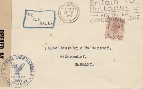 Angleterre: 1947: Londres vers Waldershof/Allemagne - Censor - Perfin