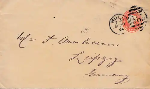 Angleterre: 1894: Hull vers Leipzig - tout ce qui est en jeu