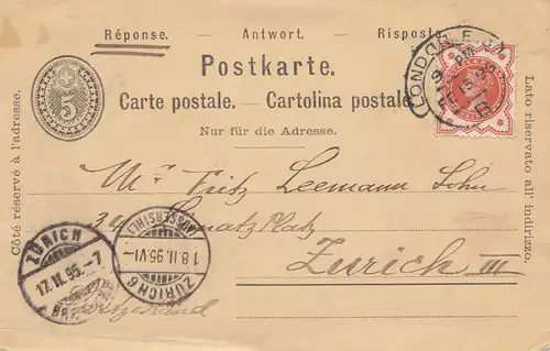 England: 1895: London nach Zürich/Schweiz - Antwortkarte