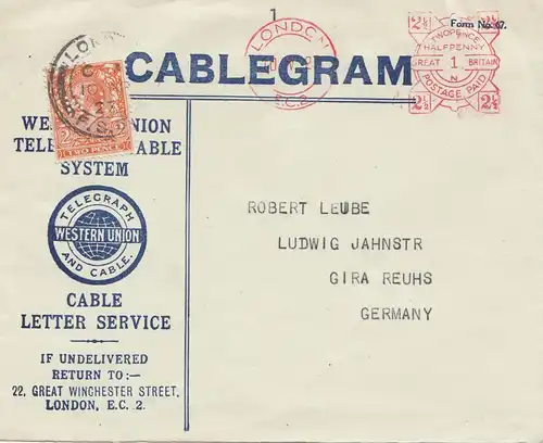England: 1927: Cablegram London nach Deutschland