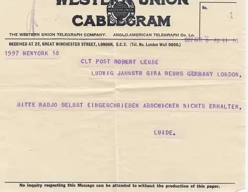 Angleterre: 1927: Cablegram Londres en Allemagne