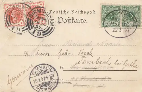 England: 1897: Birmingham nach Tambach : Ansichtskarte Hamburg Rathsweinkeller