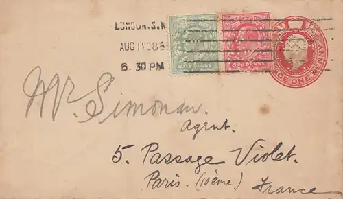 England: 1908: Ganzsache Perfin von London nach Paris