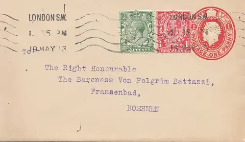 England: 1913: Brief von London nach Böhmen - Ganzsachen Perfin