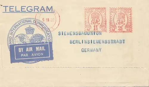 England: 1932: Air Mail Telegram nach Deutschland