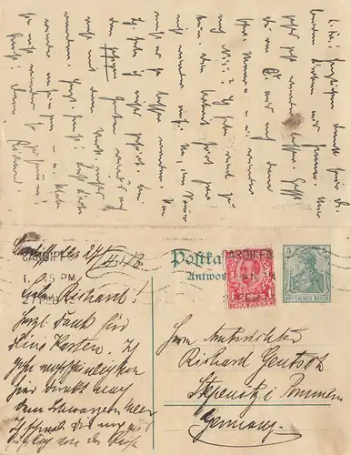 England: 1913: Ganzsache mit Antwortkarte Cardiff - Stegnitz