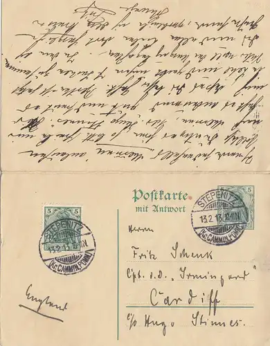 Angleterre: 1913: entier avec carte de réponse Cardiff - Stelz