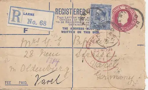 Irland: 1924: Ganzsache Registered Larne nach Oldenburg