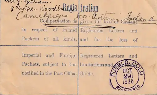 Irland: 1936: Ganzsache Registered Carrickfergus nach USA