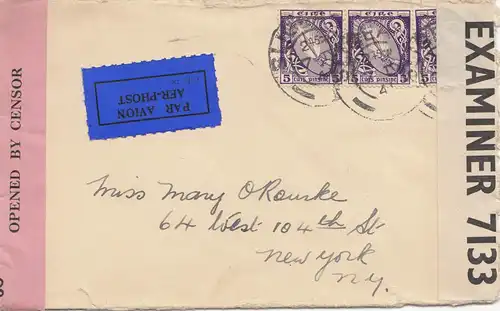 Irland: 1941: Luftpost nach USA - 2x Censor