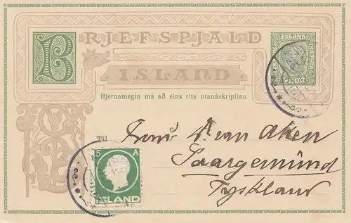 Island: 1912: Ganzsache von Reykjavik nach Saargemünd