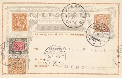 Islande: 1912 Toute l'affaire de Reykjavik à Munich avec carte de réponse non utilisée