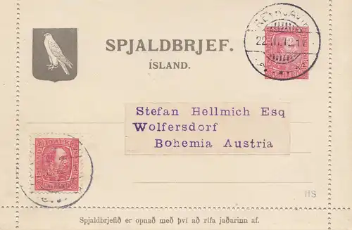 Island: 1912: Ganzsache nach Austria - ohne Text