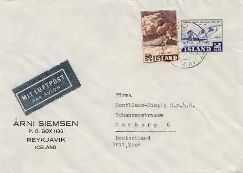 Islande: 1952: Lettre à Hambourg comme courrier aérien