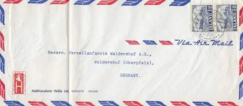 Islande: 1953: Lettre postale aérienne pour Waldershof