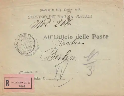 Italie: 1914: Palerme pour Berlin - Ufficio delle Poste