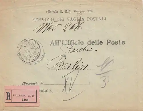 Italien: 1914: Palermo nach Berlin - Ufficio delle Poste