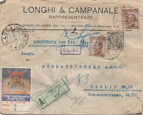 Italien: 1921: Einschreiben Milano nach Berlin: Fiera Campionaria