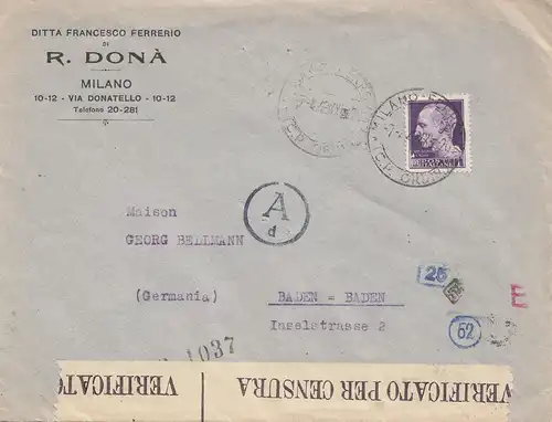 Italie: 1943: Milano vers Baden-Baden - Verificato/Zensur