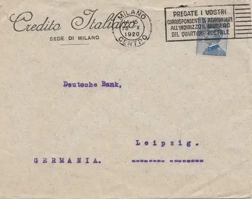 Italie: 1920: Credito Italiano Milano vers Leipzig - Perfin
