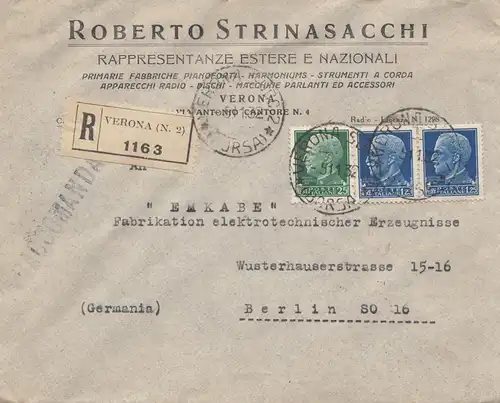 Italien: 1932: Einschreiben Verona nach Berlin