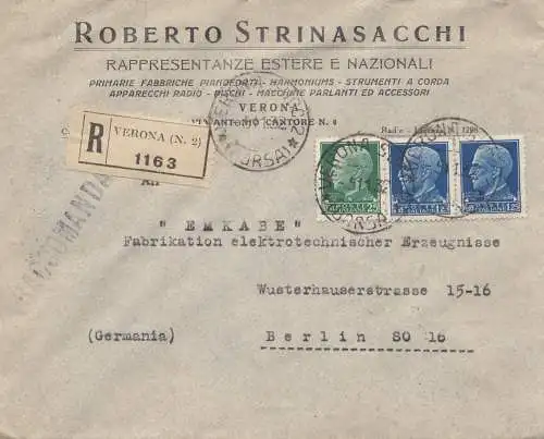 Italien: 1932: Einschreiben Verona nach Berlin