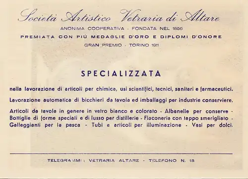Italie: Carte: Soc. Artistico Vetraria Altare/Savona