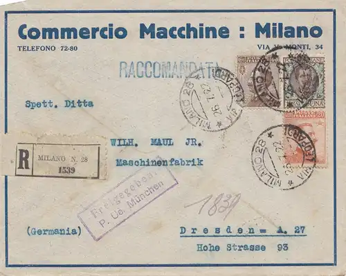 Italie: 1922: Monocles Milano vers Dresde - Paru Munich