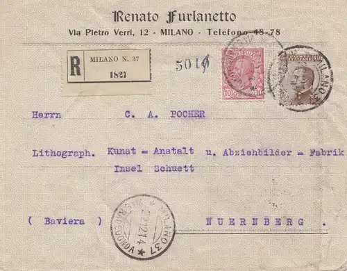 Italie: 1914: Milano en recommandé à Nuremberg