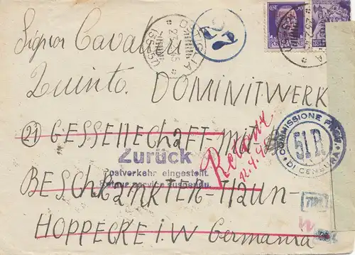 Italien: 1945. Modena nach Deutschland: Postverkehr eingestellt; Zensur