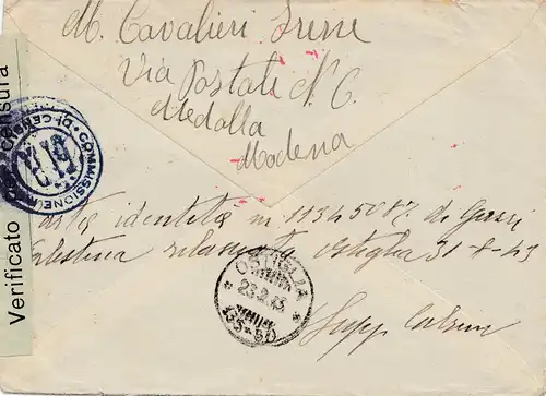 Italie: 1945. Modena en Allemagne: trafic postal arrêté; censure