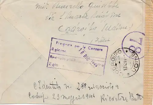 Italien: Dezember 1944. Codroipo/Udine nach Deutschland: Zensur: eingestellt