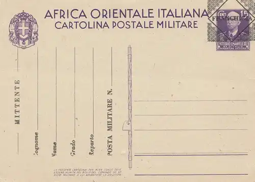 Italie: Affaire entière F22 Africa Orientale Italiana-Postale Militare