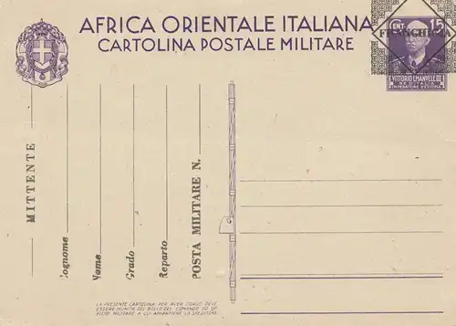 Italien: Ganzsache F22 Africa Orientale Italiana-Postale Militare