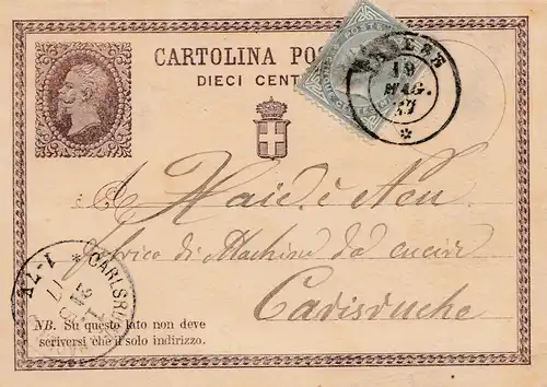 Italie: 1877: Cartolina Varese vers Karlsruhe