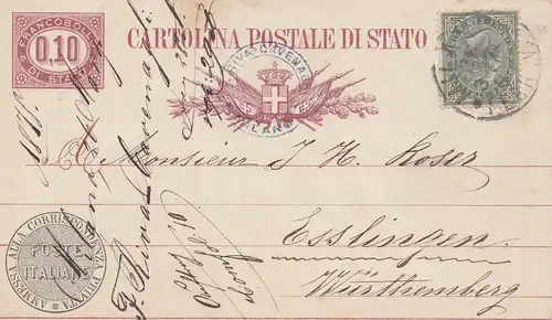 Italie: 1878: Cartolina Postale die Stato a Esslingen