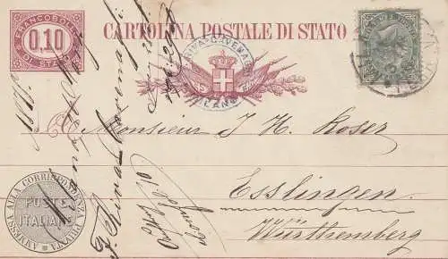 Italien: 1878: Cartolina Postale die Stato nach Esslingen