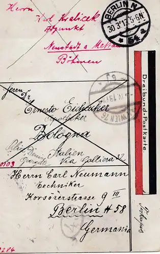 Italien: 1913: Dreibund Postkarte: Böhmen, Bologna, Berlin