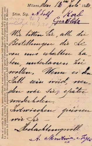 Italien: 1920: Milano Einschreiben nach Böhmen