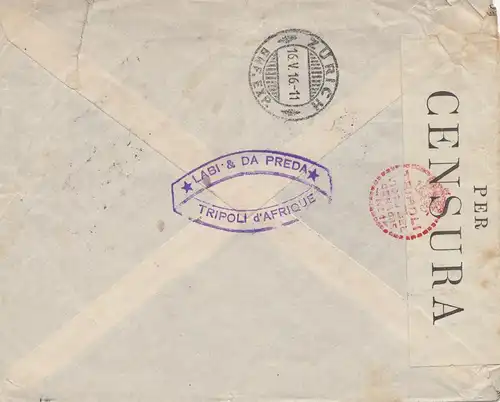 Italie: 1916: Tripoli vers Zurich / Suisse - censure