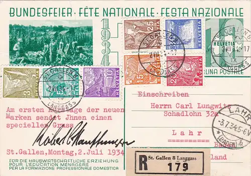 Schweiz: FDC 270/276 von 1934, Einschreiben nach Lahr